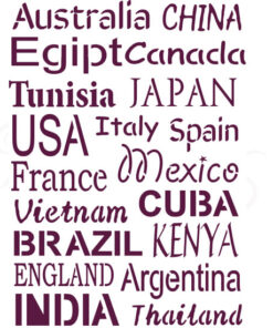 Plantillas de estarcido A4 Dayka. Fondo texto países “Canadá, Australia”