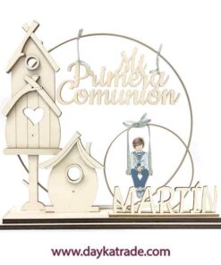 Dayka-1248 Aros Dorados Con “Mi Primera Comunión”, Silueta Pintada, Nombre Y Peana