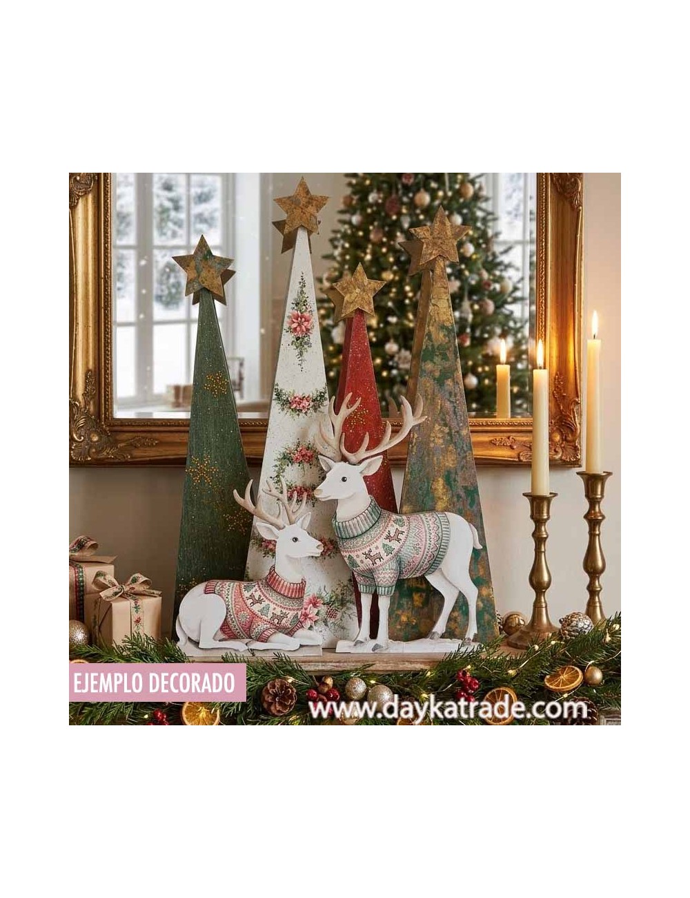 Renos con árboles y tela prediseñada, para decoraciónde Navidad